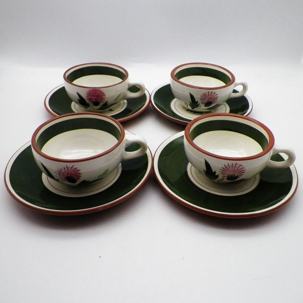 Stangl Pottery Thistle Cups and Saucers Set of 4 Vintage MCM 1950s-1960s mark